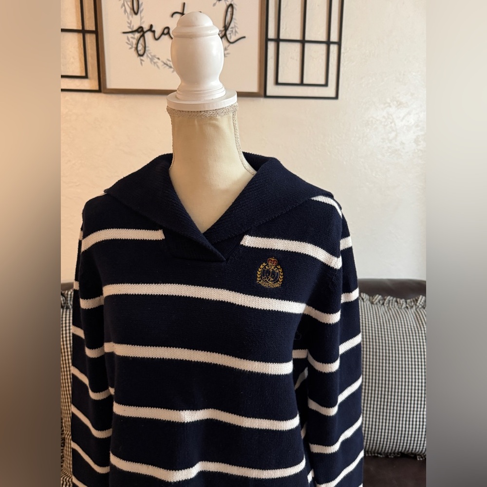 Lauren Ralph Lauren Women Sweater Nautical Emblem Navy Blue White Stripes Sz PM - Picture 6 of 15
